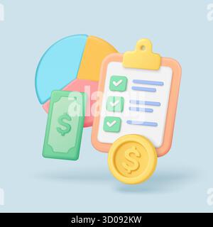 Colorful 3D pie chart, checklist clipboard, and money symbols represent campaign budget planning, financial analysis, and marketing strategy for business success vector illustration Stock Vector