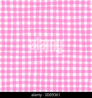 Naive Seamless checkered pattern in pink vibrant colors. Creative doodle trendy background design for kids. Abstract gingham plaid. Stock Vector
