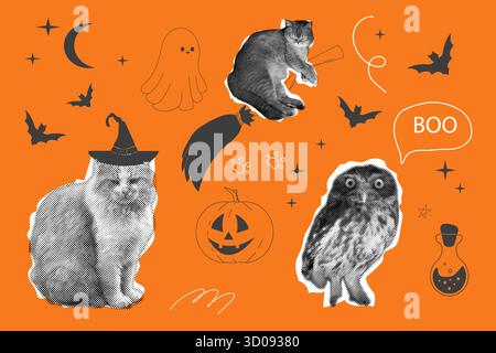 Halloween collage cat with witch hat torn paper, bat, ghost, funny owl doodle swirl background. Retro y2k poster, banner. Trick or treat spooky trendy poster. Vector illustration Stock Vector