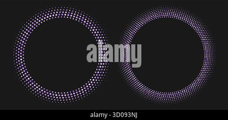 Purple halftone frames, retro circle borders, round pattern with dots, radial disco luxury design element. Stock Vector