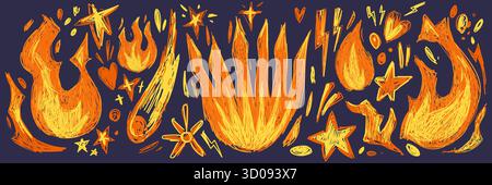 Hand drawn flame scribble elements with sketchy textures or fires and comets, stars and hearts for creative energy illustrations. Orange and yellow burning shapes with decorative sparks. Doodle heat. Stock Vector