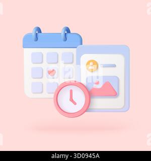 3D calendar, clock, and social media post icons symbolize content scheduling, time management, and publication planning for digital marketing and productivity vector illustration Stock Vector