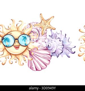 Seamless pattern background wallpaper featuring summer vibes with sunshine, seashells, and starfish for joyful beach holidays and festive occasions Stock Vector