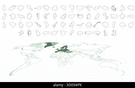 Outline Maps of European Countries with a Highlighted Europe World Map. Vector illustration. Stock Vector