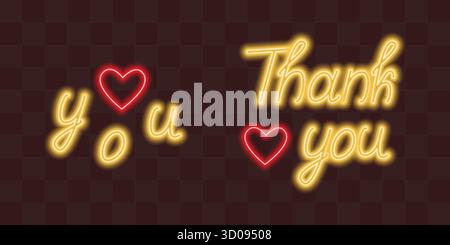 Love you Thank you Text and Hearts Neon Glowing Effect Thanksgiving Greetings Themed Elements Design. Isolated Vector illustration Thanksgiving or Valentines Day Related Content Leaflet Banner Posters Stock Vector