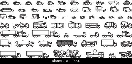 large collection set of simple vehicle black outline line liinework silhouette side view icon symbol vector on transparent background Stock Vector