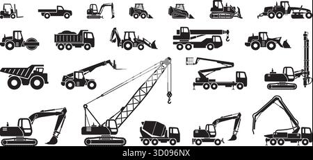 simple large construction vehicle silhouette simplified side view vector set on transparent background Stock Vector