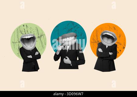 Collage of three men with a mouth in the head wearing suit on colored scratches circles on a beige background Stock Photo