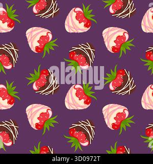 Seamless pattern with chocolate covered strawberry drizzled with white and pink stripe in flat style. Design for romantic dessert food package. Stock Vector
