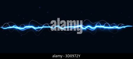 Glowing blue electric waveform horizontally lightning line with smooth pulses and faint particles on dark background for energy, electronics, audio Stock Vector