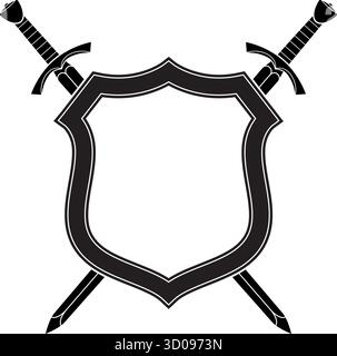 classic medieval european twin crossed realistic swords with shield armor heraldry symbol vector isolated on transparent background Stock Vector