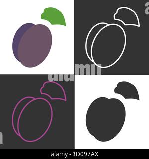 This collection features line icons of plums in different designs, showcasing the fruit shape and color. The illustrations highlight the plum in a minimalist style on contrasting backgrounds. Stock Vector