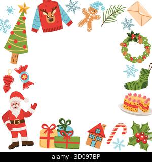 Flat cartoon Christmas frame with Santa Claus, tree, candy cane, snowflake and gingerbread. Bright festive decoration for card, invitation, banner, wi Stock Vector