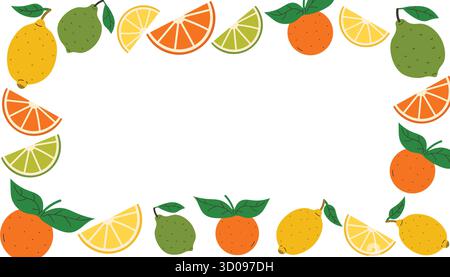 Rectangular frame of citrus fruits like lemon, lime, orange with leaves and wedges in flat cartoon style. Bright fruity border for card, poster, packa Stock Vector