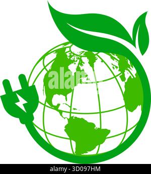 beautiful stylized lush round green energy earth planet logo with leaf and power plug icon vector isolated on transparent background Stock Vector