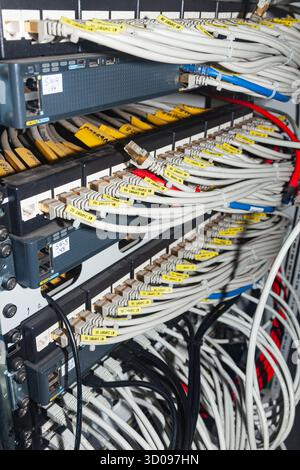 The back wall of the server cabinet, with internet cables connected to the server unit. Stock Photo