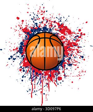 basketball with grungy red blue ink paint splatter emblem symbol vector isolated on transparent background Stock Vector