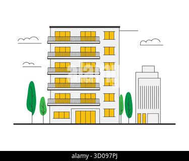 Stylized apartment building and office tower minimal illustration with trees Stock Vector