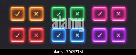 Neon checkmark icons, glowing check buttons, glossy glass signs. Stock Vector