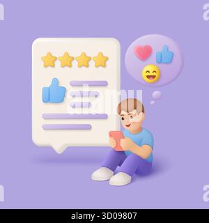 Happy user with smartphone leaving five star rating, thumbs up, and emoji feedback for online service, ideal for customer satisfaction, review, and social media topics vector illustration Stock Vector