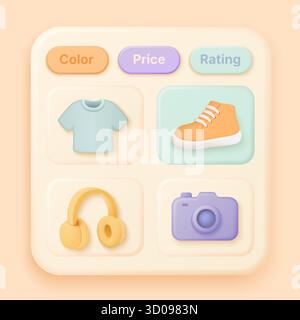 Modern 3D product catalog interface featuring shirt, shoe, headphones, camera icons and color, price, rating filter buttons for online shopping concept vector illustration Stock Vector