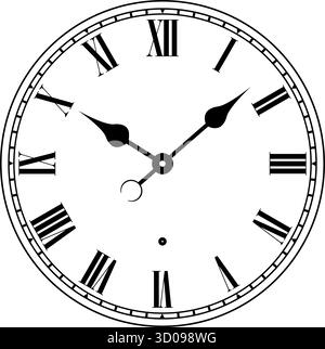 simple station wall clock face with roman numerals element line work outline black and white vector isolated on transparent background Stock Vector