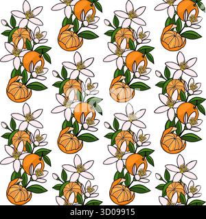 Seamless vector pattern of blooming tangerine tree branches with whole and peeled fruits, white flowers, and green leaves on a white background. Stock Vector