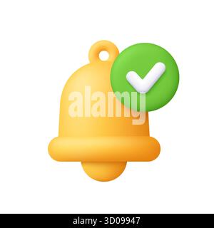 Yellow notification bell with check mark on green circle button. Social media, alert confirmation, successful notification and approval reminder conce Stock Vector