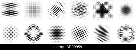 Halftone gradient collection. Dotted textured round and square patterns. Cartoon faded background set. Pixelated bitmap element pack for frame, poster, collage, banner. Vector comic bundle Stock Vector