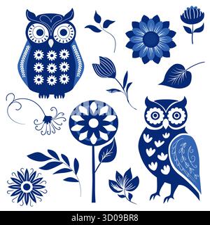 Vector seamless pattern with decorative owls, flowers and leaves in folk art style. Perfect for textile, wallpaper, wrapping and ethnic design. Stock Vector