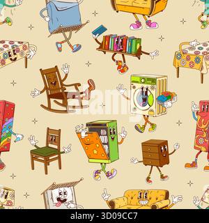 Groovy furniture characters seamless pattern. Home appliances groovy vector print or furniture seamless pattern with bookshelf, table, chair and drawer, sofa, washing and dishwasher machine personages Stock Vector