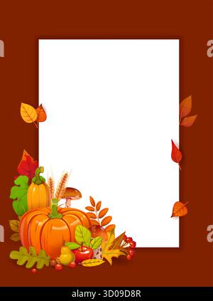 Autumn fall season poster with red and yellow leaves and harvest. Cartoon vector , vertical blank frame or border template with background decorated with pumpkins, mushrooms, apples, pears and wheat Stock Vector