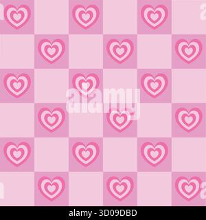 Pink groovy y2k checkered seamless pattern with striped heart in flat cartoon style. Retro romantic texture for textile, wrapping, wallpaper, poster, Stock Vector
