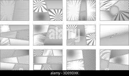 Comic book background. Manga monochrome templates and layout pages with grid. Anime backdrops set with collage of halftone effect and speed lines Stock Vector