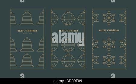 Luxury Merry Christmas, Happy New year seasons banner, poster, card templates. Cute line art hanging bell, star, bauble icons on emerald green Stock Vector