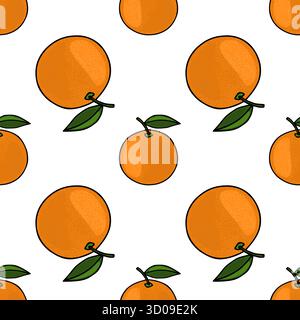 Seamless vector pattern of bright orange tangerines with green leaves on a white background, showcasing a fresh and vibrant citrus theme. Stock Vector