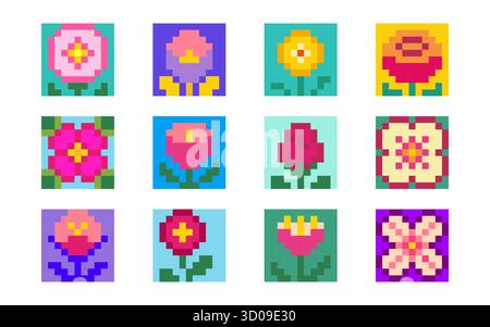 Retro style pixel art flowers set isolated on white background. Vector illustration of 8-bit floral icons for arcade game design, old computer graphics, cute pixelated nature ornament, simple shapes Stock Vector