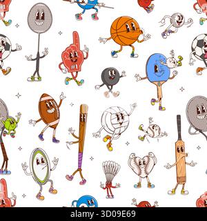 Groovy sport characters seamless pattern. Sport games vector seamless print or pattern with badminton and tennis racket, football, volleyball and basketball ball, baseballs bat groovy characters Stock Vector