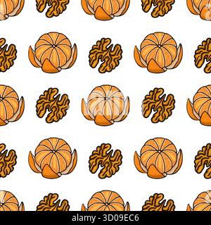 Seamless vector pattern featuring a repeating arrangement of peeled tangerines and walnuts with vibrant orange and brown tones. Stock Vector