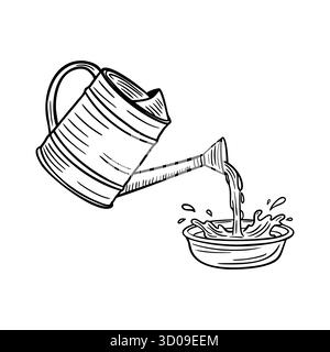 A hand-drawn watering can pouring water into a bowl. The scene captures the action of watering plants or filling a container with liquid. Stock Vector