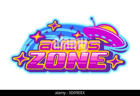 Space aliens zone Y2K retro icon or emblem. Space invader retro vector emblem, alien vintage sign. Universe SCI-FI UFO funky symbol or icon with pink flying saucer and retro futuristic typography Stock Vector