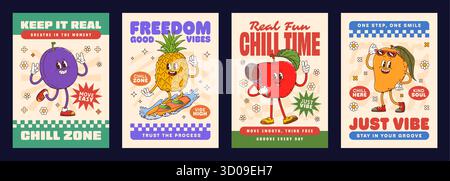 Funny ripe fruits groovy characters posters. Vector cheerful y2k plum, pineapple, apple and mango with friendly faces and motivating slogans, expressing fun, freedom, confidence, and a chill lifestyle Stock Vector