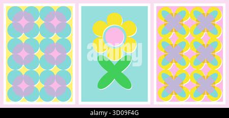 Set of Abstract Geometric shapes Posters with Riso print effect. Risograph style Graphic element for cards, textile, wallpaper. Vector illustration in vibrant colors Stock Vector