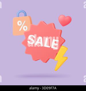 Bright 3d sale badge with percent shopping bag heart and lightning for discounts promotions marketing campaigns and ecommerce banners on purple background vector illustration Stock Vector