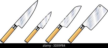 japanese style chef knife damascus steel with wood handle set icon on transparent background vector Stock Vector
