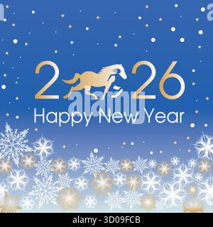 Happy New Year 2026 template with gold and white snowflakes and stars on blue gradient background. Horse symbol of the year. Stock Vector