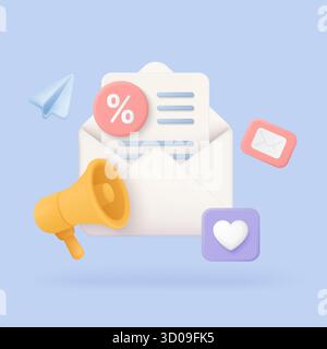 Modern 3D email marketing concept with envelope, megaphone, discount symbol, and social icons for digital communication, newsletter, and promotion strategy vector illustration Stock Vector