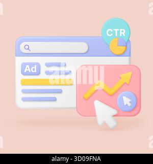 Digital marketing concept with 3D web interface, ad banner, rising graph, cursor, and CTR pie chart for online advertising and analytics strategy vector illustration Stock Vector