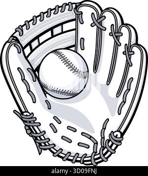 simple classic grayscale white leather baseball softball glove mitt holding with ball cartoon vector isolated on transparent background Stock Vector