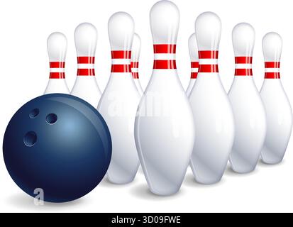 classic realistic ten pin tenpin bowling ball and pins group set up in formation vector isolated on transparent background Stock Vector